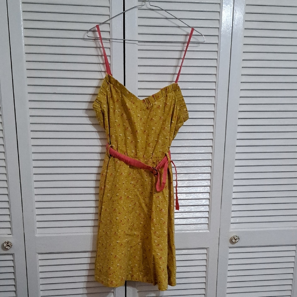 Kimchi Blue Mustard Floral Mini Dress with Pink Belt